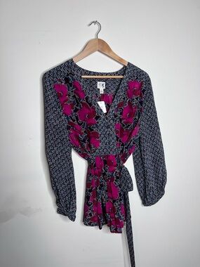 Anthropologie Navy Blouse with Magenta Floral Print